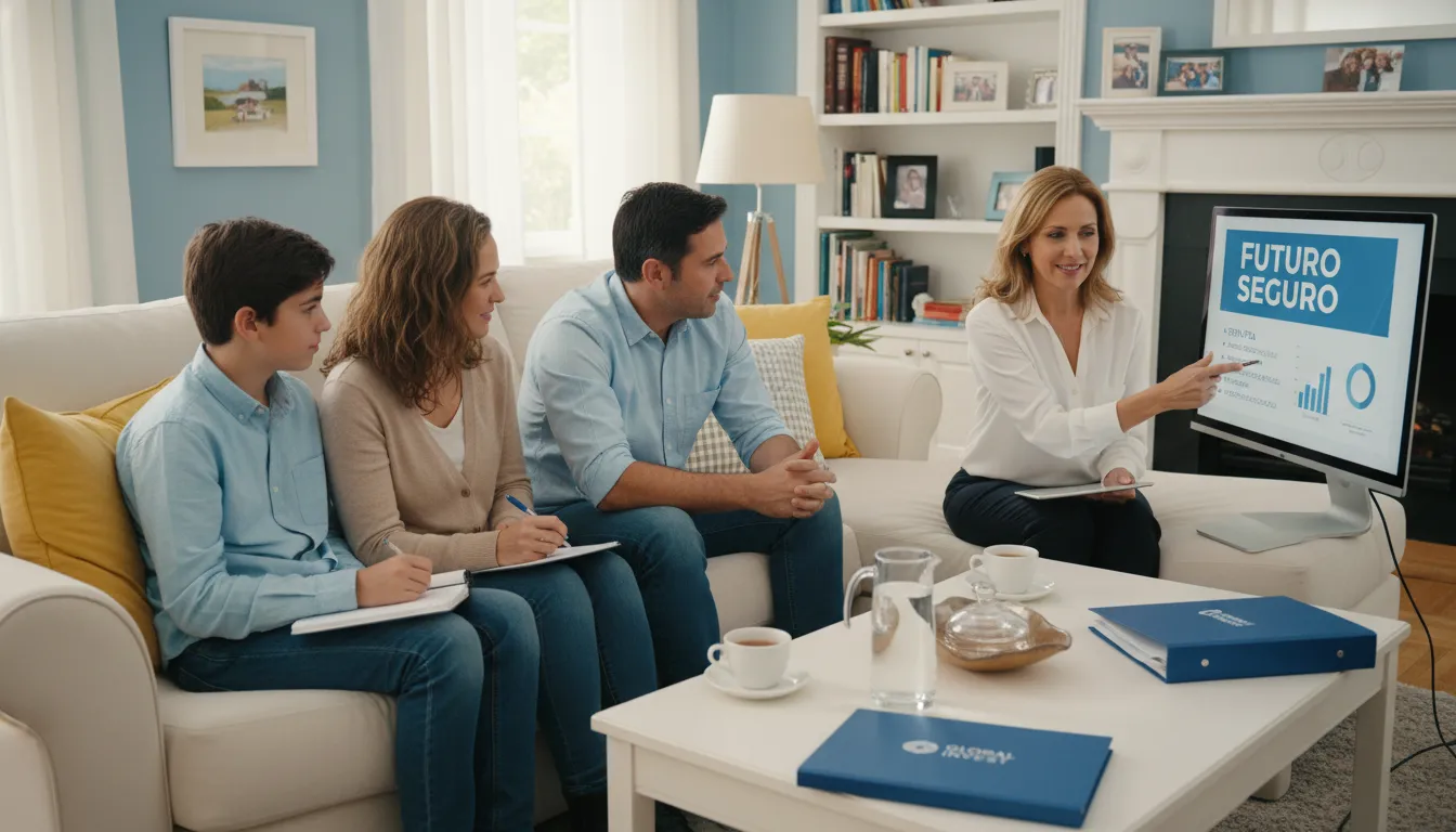 Família planejando o futuro financeiro com investimentos em renda fixa, assessorados pela Financia Tudo para segurança a longo prazo.