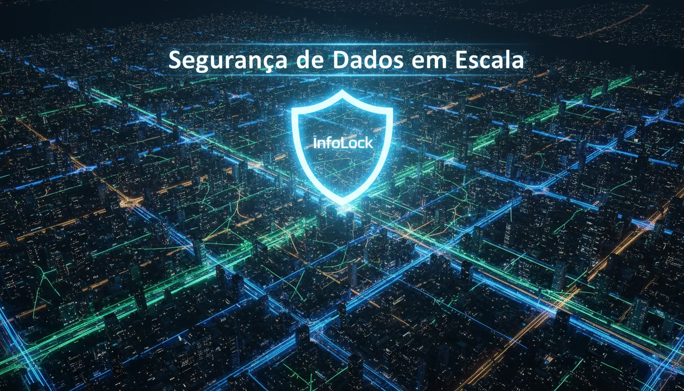 Escudo digital expande-se sobre metrópole, ilustrando a velocidade e escala do hyper tprm, repensando a segurança de terceiros.
