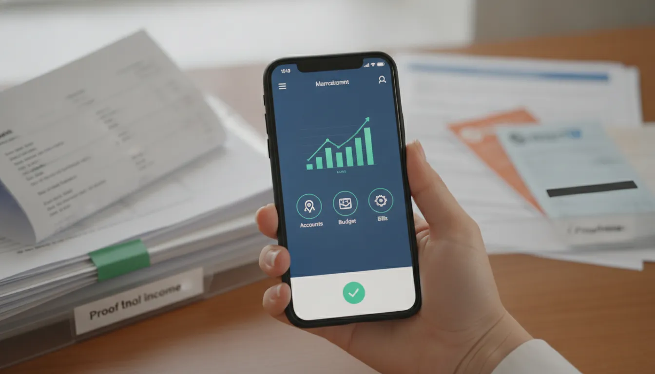 Mão segurando celular com app financeiro, documentos organizados para aprovação de crédito.