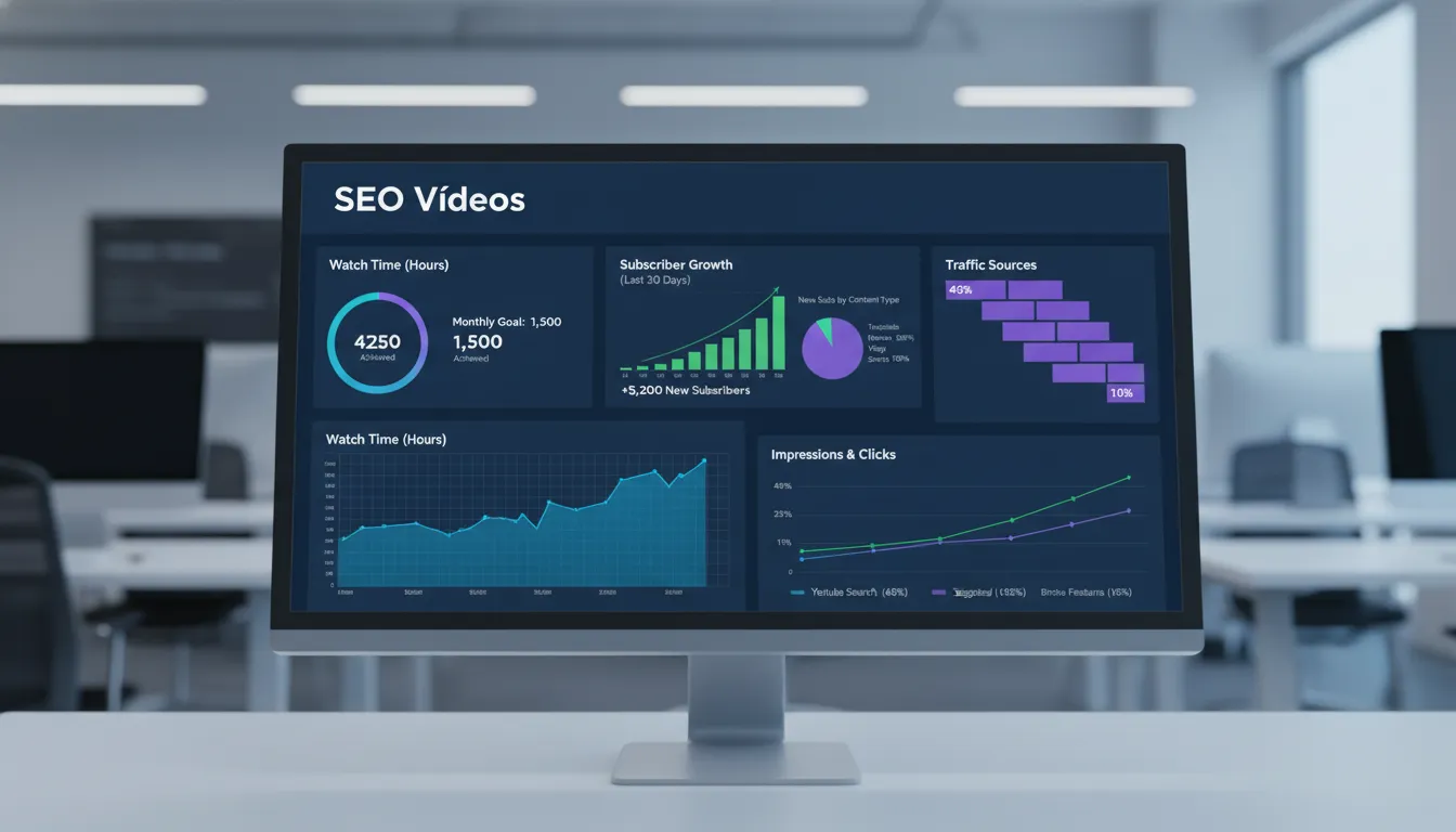 Dashboard de análise de dados mostrando métricas de performance de vídeos institucionais no Youtube e SEO.