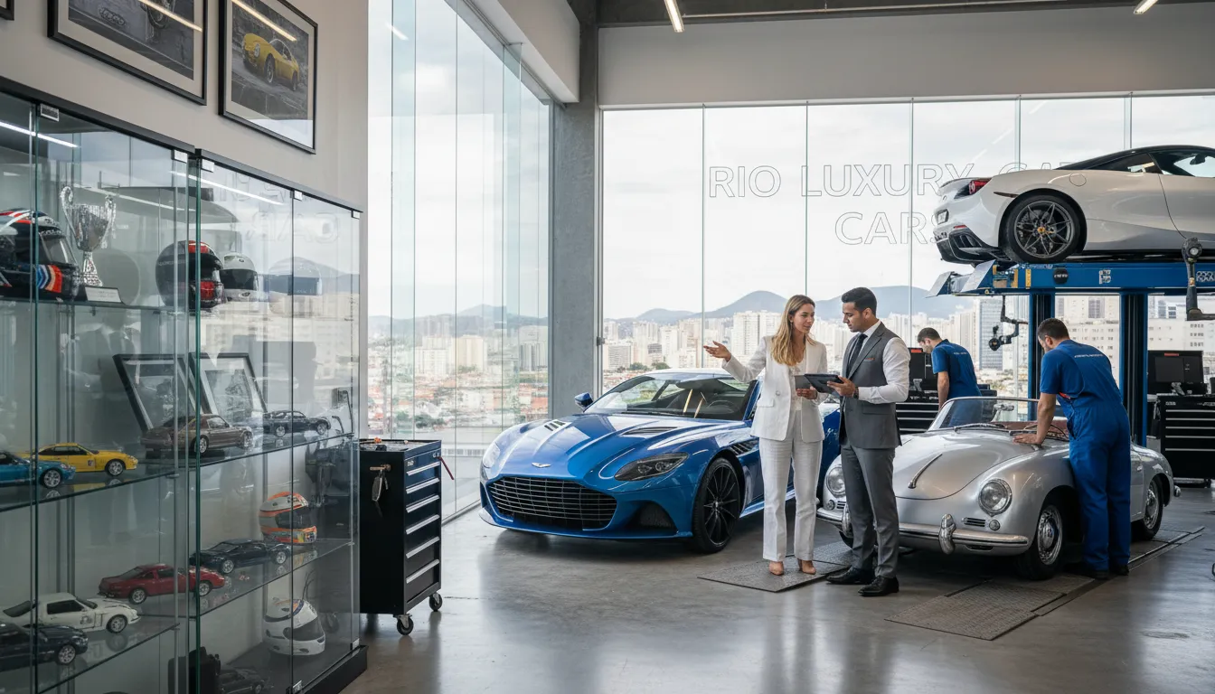 Consultor atendendo cliente em uma oficina carros de luxo Rio de Janeiro, com modelos clássicos e equipamentos modernos.