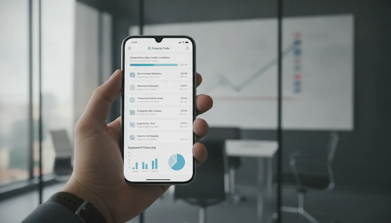 Tela Financia Tudo mostrando bancos parceiros e condições de financiamento para empresa de engenharia.