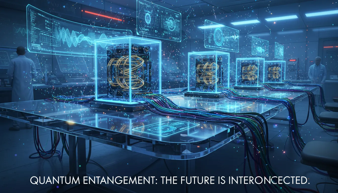 Tecnologias quânticas futuristas conectadas por partículas brilhantes, destacando aplicações do entrelaçamento.