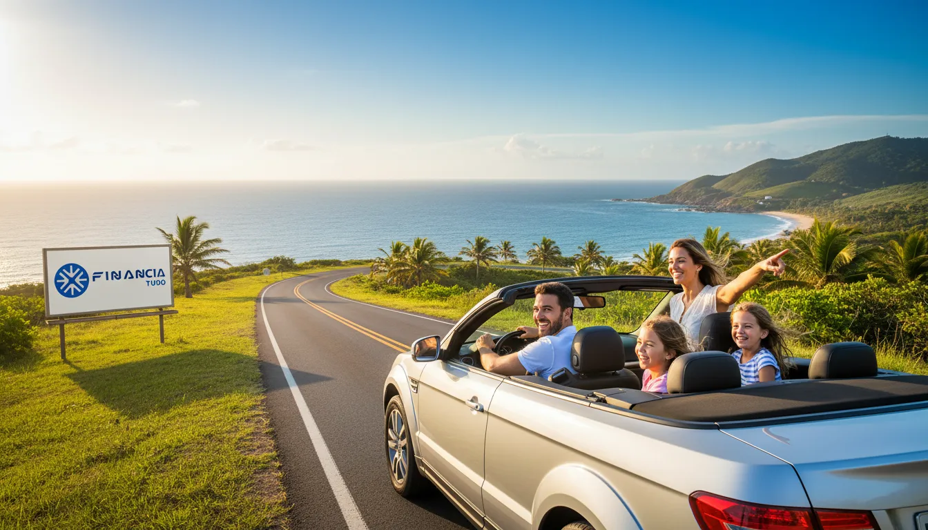 Família feliz viajando após trocar dívida por crédito mais barato, simbolizando a liberdade financeira conquistada com o empréstimo.