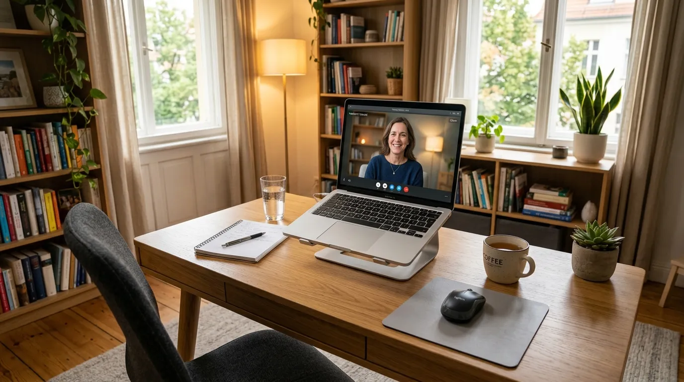 Tela de notebook exibindo consulta online para tratar sintomas de ansiedade.