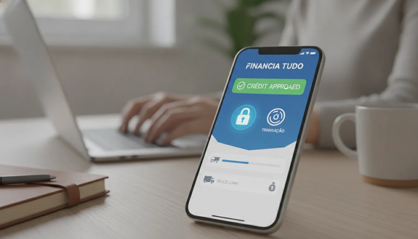 Tela de smartphone com aprovação de crédito Financia Tudo, simbolizando segurança e agilidade para crédito com caminhão financiado.