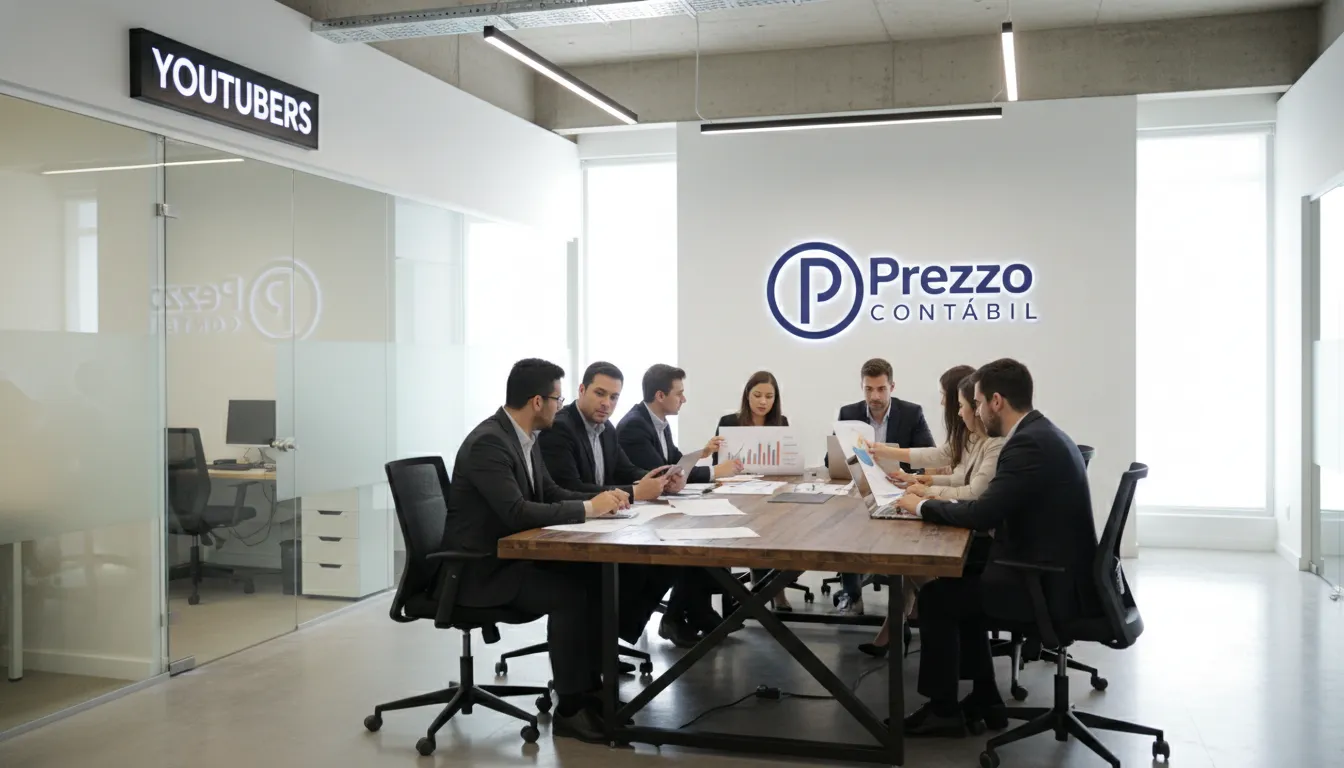 Escritório moderno da Prezzo Contábil com contadores colaborando em estratégias financeiras. Imagem para Contabilidade Especializada em Youtubers.