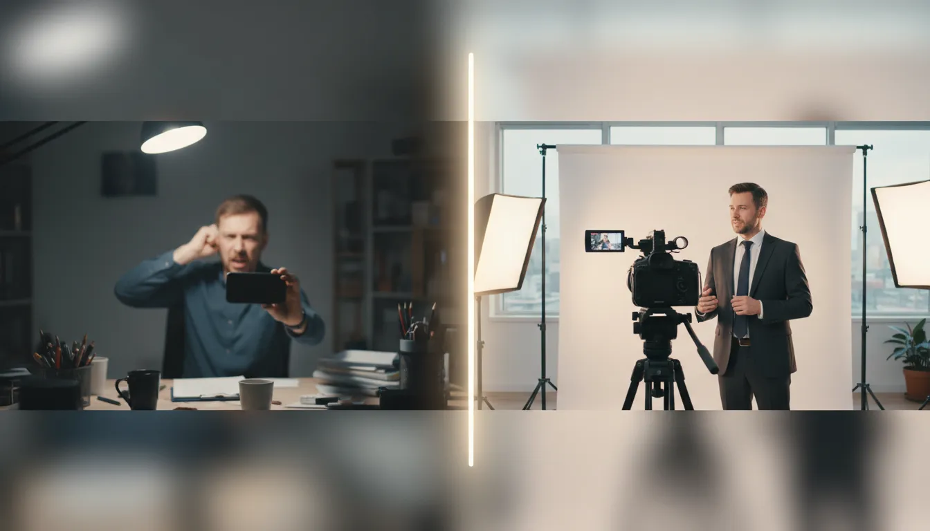Contraste visual entre gravação amadora com celular e produção profissional de vídeo para YouTube para empresas.