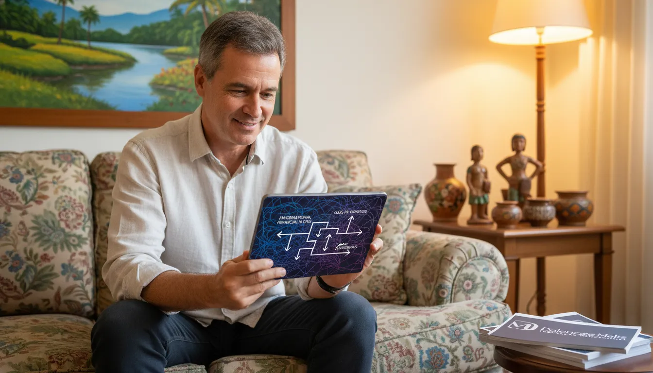Homem brasileiro no Brasil vendo um tablet, onde um diagrama simplifica a complexidade do imposto sobre herança no exterior.