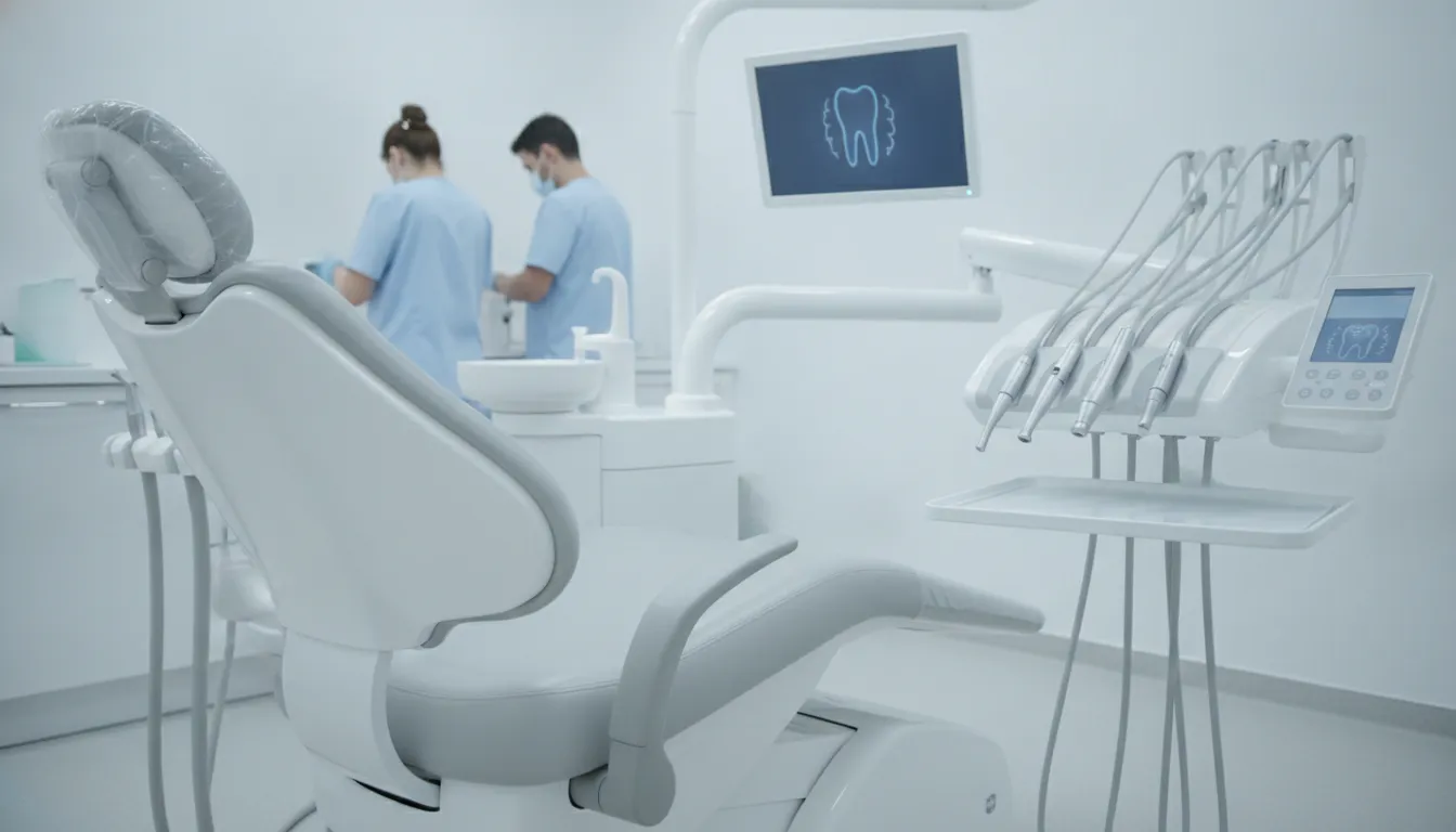 Cadeira odontológica moderna e equipamentos de alta tecnologia, mostrando expansão com crédito para clínica.