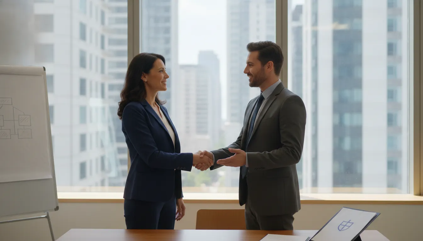 Empresária e consultor apertam as mãos, simbolizando sucesso e parceria na gestão estratégica de uma holding familiar.