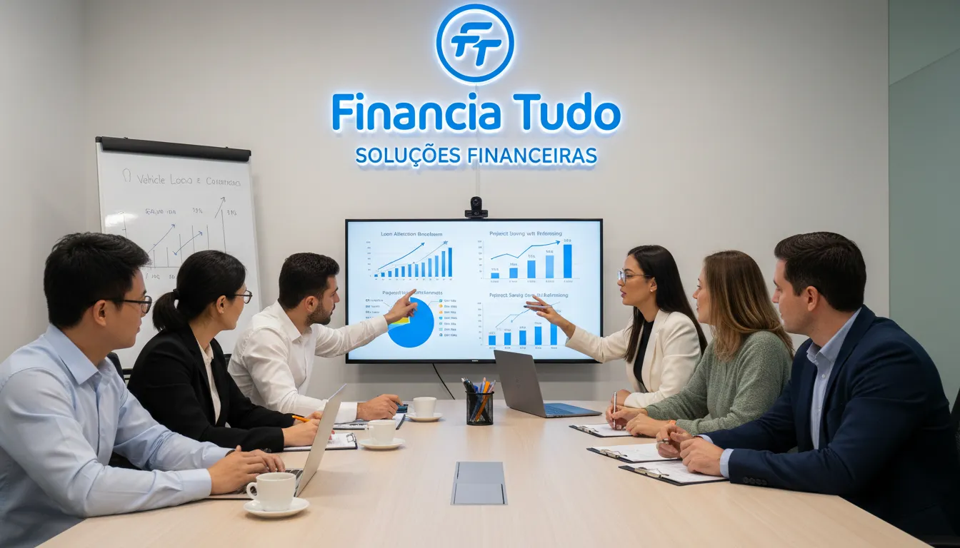 Consultores financeiros reunidos para discutir estratégias para um cliente com problemas no empréstimo com veículo não quitado, destacando o suporte da Financia Tudo.