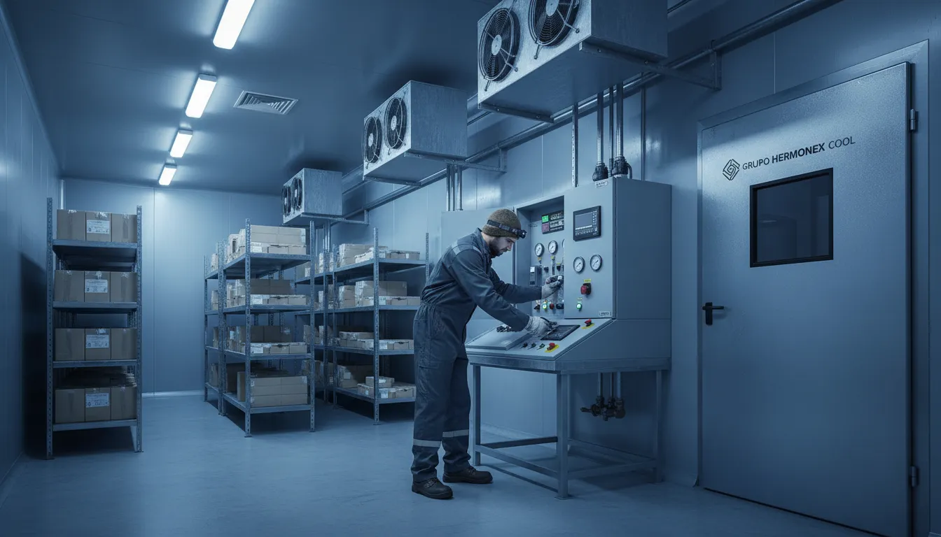 Técnico especializado realizando a manutenção de uma câmara frigorífica, mostrando a amplitude de serviços além da instalação de um ar condicionado residencial.