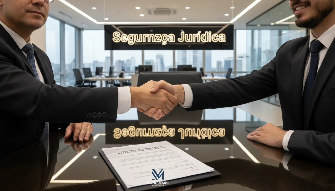 Aperto de mãos entre um advogado e um empresário, representando a parceria e segurança jurídica na emissão e cobrança de duplicata mercantil com a Marquesini Advocacia.