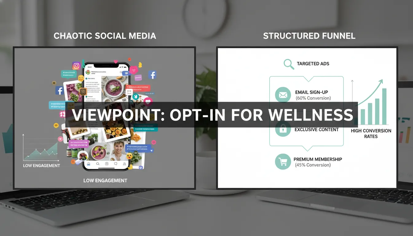 Comparativo visual de estratégias de marketing para negócios de bem-estar: caos vs. estrutura com opt in o que é, demonstrando o valor da Viewpoint.