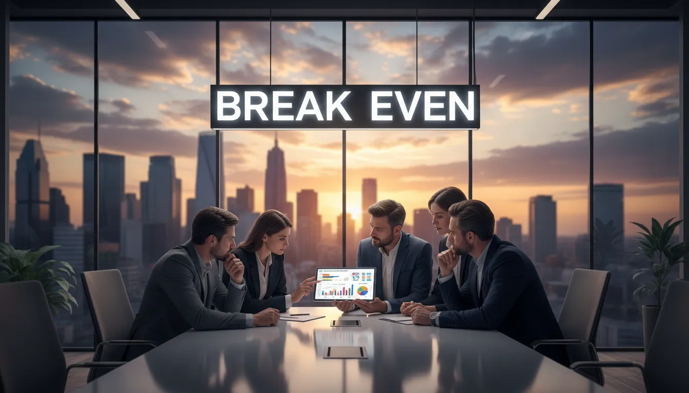 Equipe de negócios colaborando e revisando projeções financeiras em busca do ponto de break even. A colaboração facilita a análise e o planejamento financeiro.