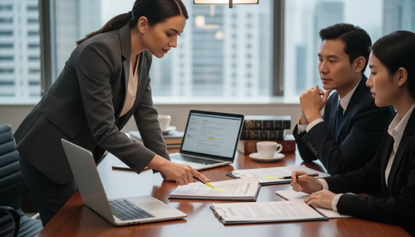 Advogado explicando detalhes de revisão de financiamentos para empresários em uma reunião profissional.