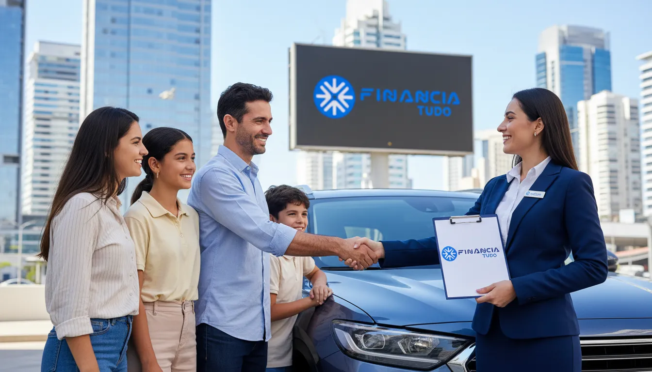 Família satisfeita após a avaliação de veículo para crédito com a Financia Tudo, representando confiança e segurança.