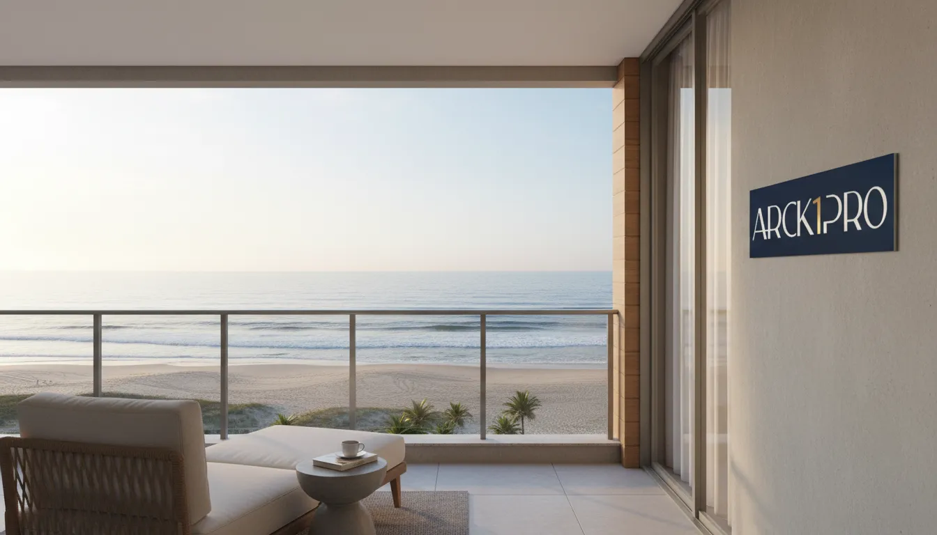 Varanda luxuosa em condomínio litoral catarinense, vista mar. Representa diversificação patrimônio imóveis alto padrão.