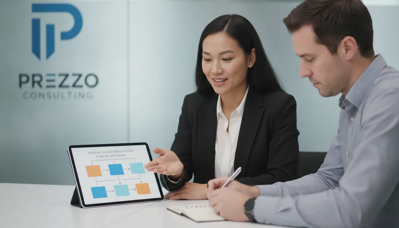 Consultor Prezzo Consulting explica ITIN ou SSN para empresário. Orientação especializada para conformidade fiscal nos EUA.