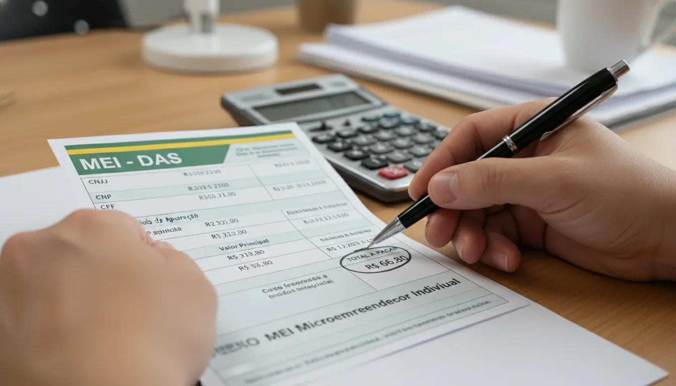 Detalhe do boleto DAS, calculadora e mão revisando valores dos impostos do MEI