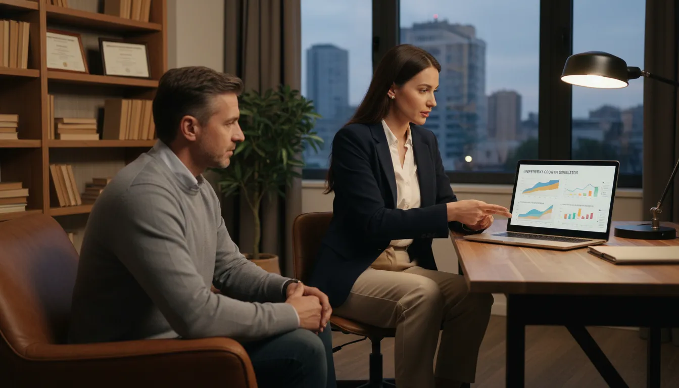 Especialista orienta cliente usando simulação digital para escolhas seguras de investimentos.