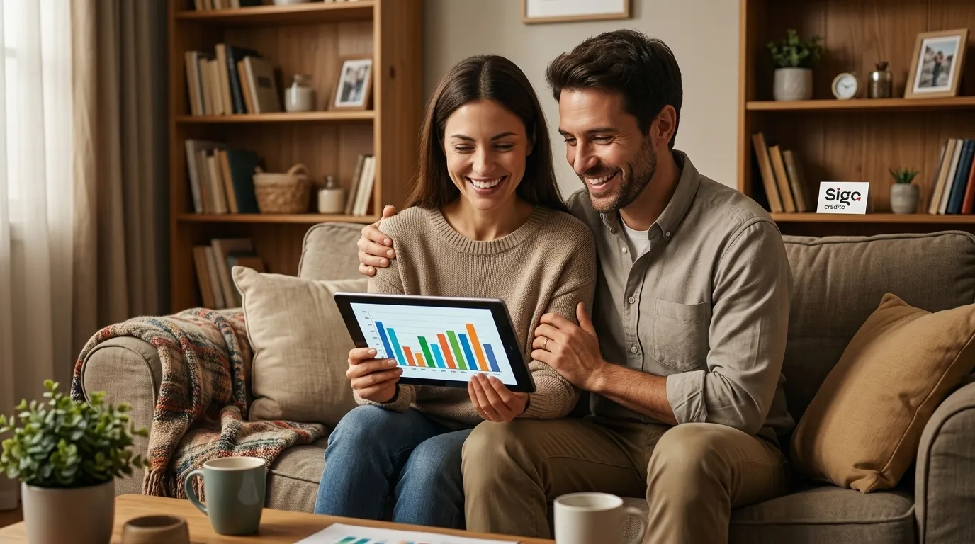 Casal sorrindo ao planejar finanças e descobrir como sair das dívidas ganhando pouco.