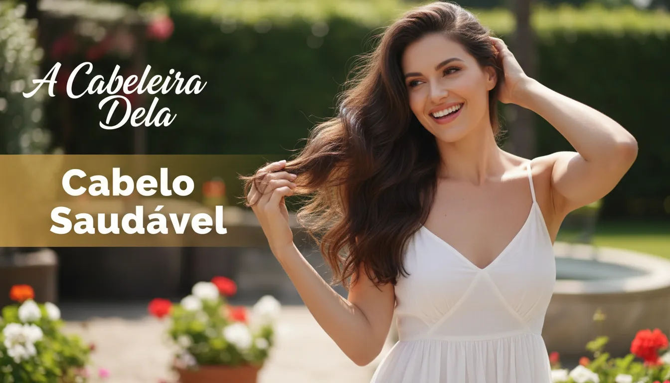 Mulher sorrindo, tocando seus cabelos brilhantes e saudáveis após seguir as dicas de A Cabeleira Dela para combater o cabelo opaco e recuperar a vitalidade.