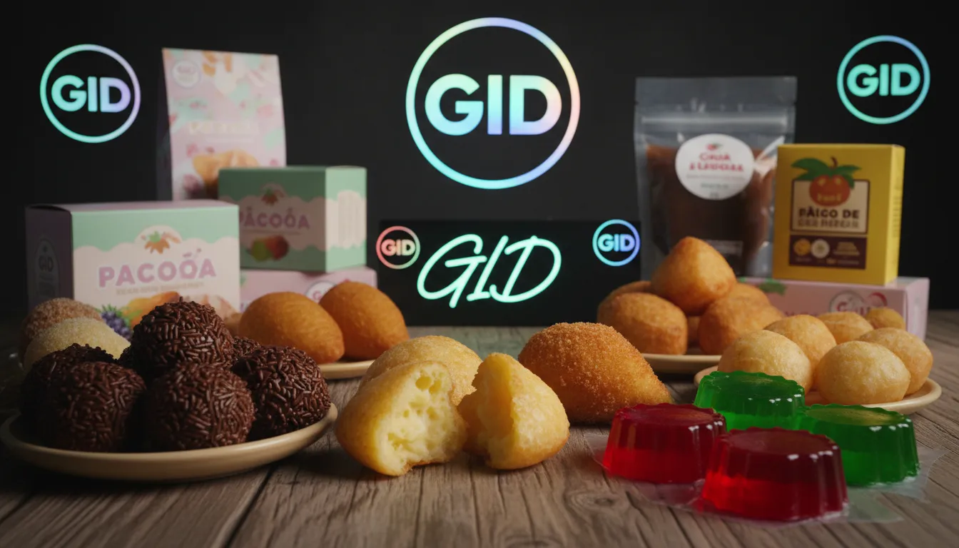 Close-up de quitutes brasileiros no dia da saudade, com adesivos da GID em destaque, transmitindo a nostalgia dos sabores da terra natal.
