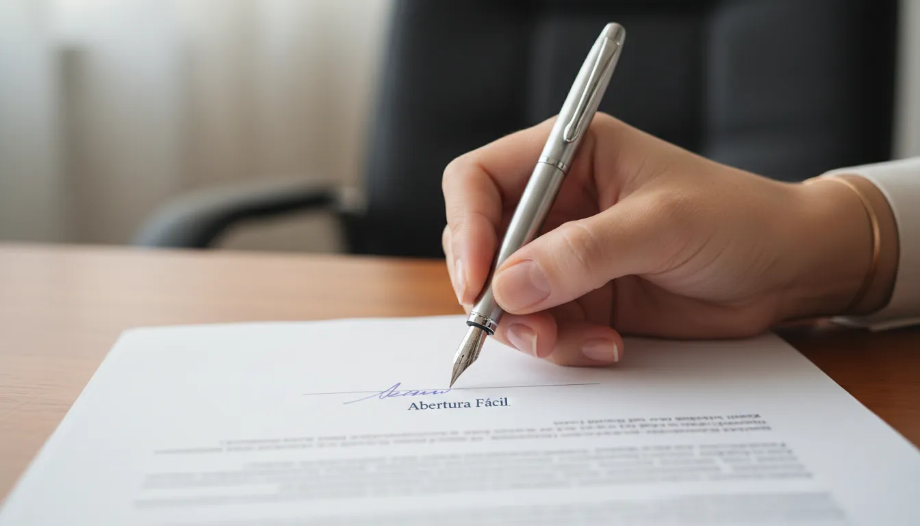Uma mão assinando um documento importante para a abertura de empresa em São Paulo, destacando a facilidade do processo.