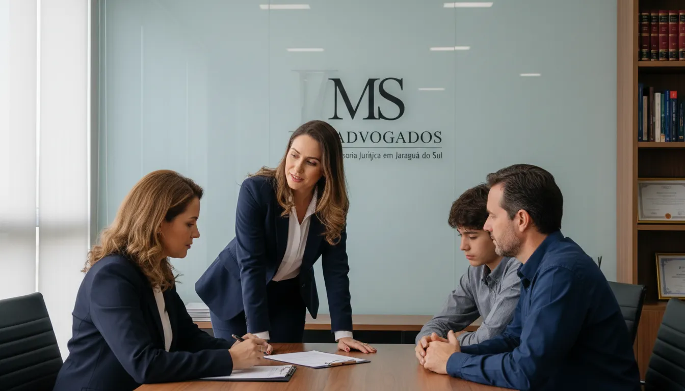 Advogado da MS Advogados oferecendo aconselhamento jurídico para uma família preocupada em Jaraguá do Sul.