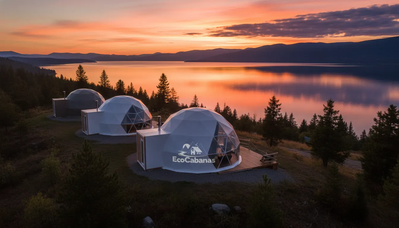 Conjunto de domos geodésicos modernos em colina com vista para lago tranquilo ao pôr do sol.