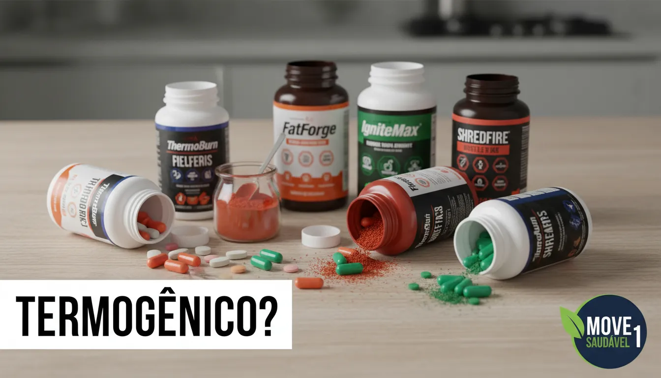 Diversos suplementos termogênicos em uma mesa de madeira, com o logo Move Saudável 1. Saiba se termogênico funciona e quais os benefícios de usar com cautela.
