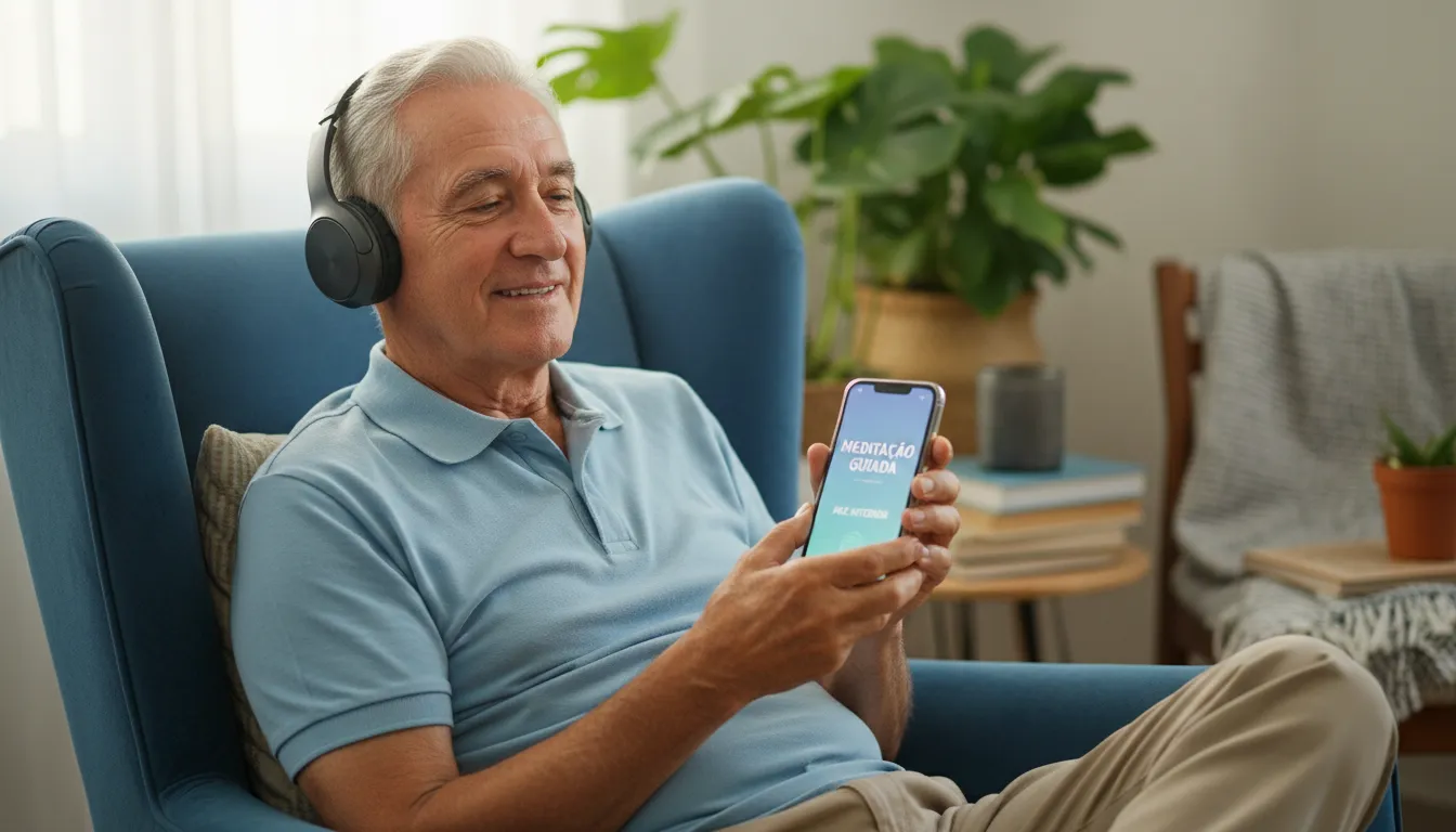 Idoso brasileiro ouvindo meditação guiada no smartphone, relaxado em casa.