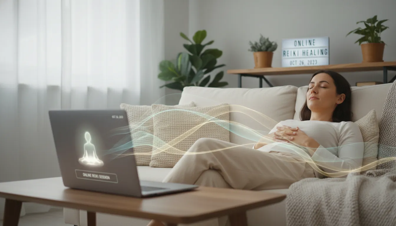 Mulher experimenta sessão de Reiki Online em casa, destacando conforto e conexão energética à distância.