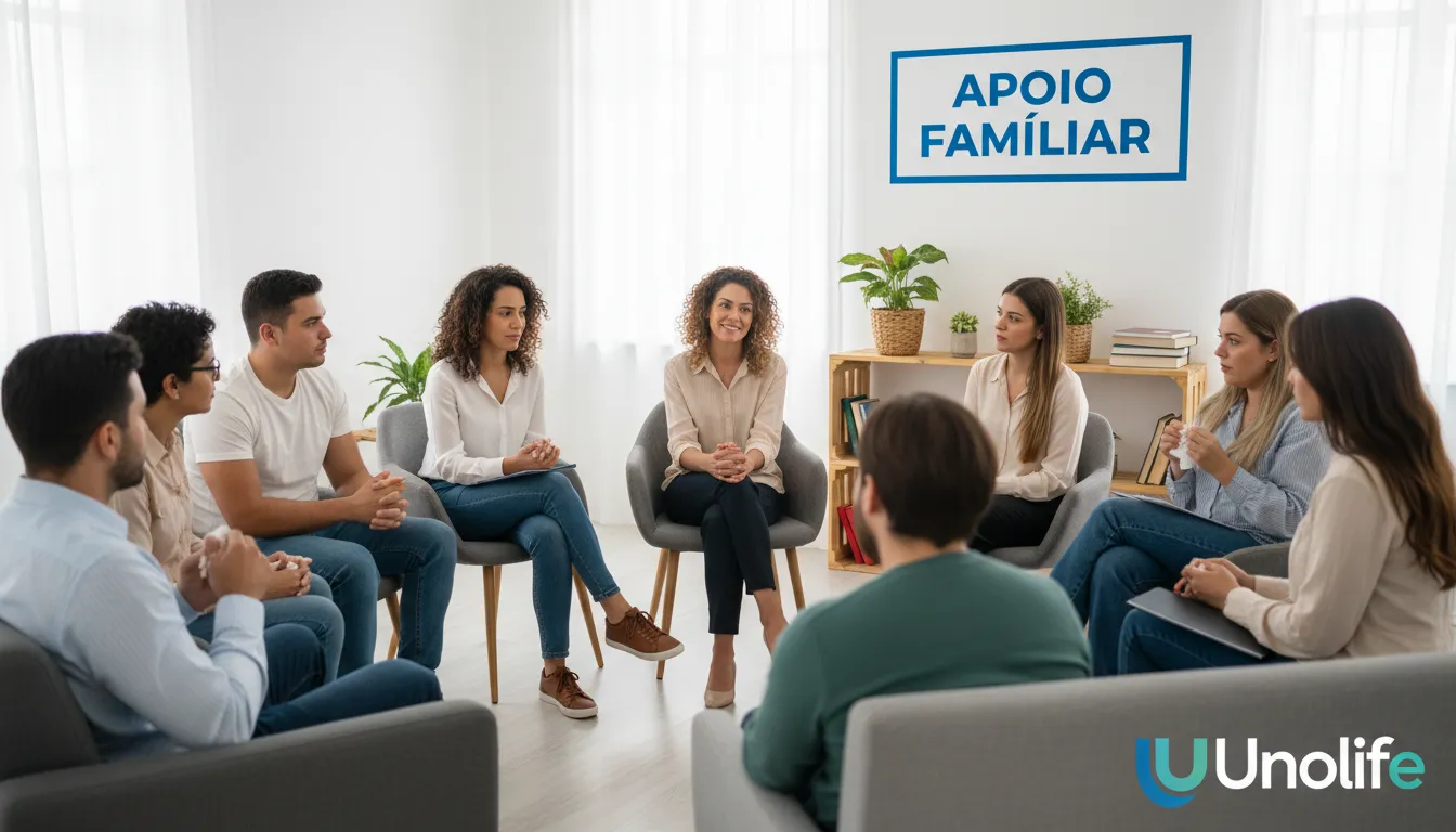 Grupo de apoio com psicólogo, representando o suporte essencial para famílias que enfrentam a dependência química. Encontre ajuda e compartilhe experiências.