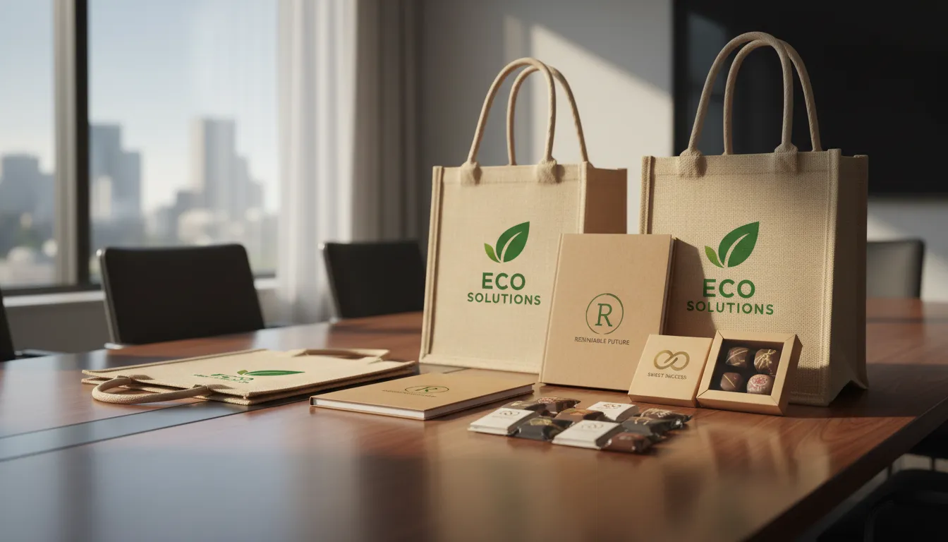 Vários kits de brindes econômicos e sofisticados para empresas exibidos em mesa executiva