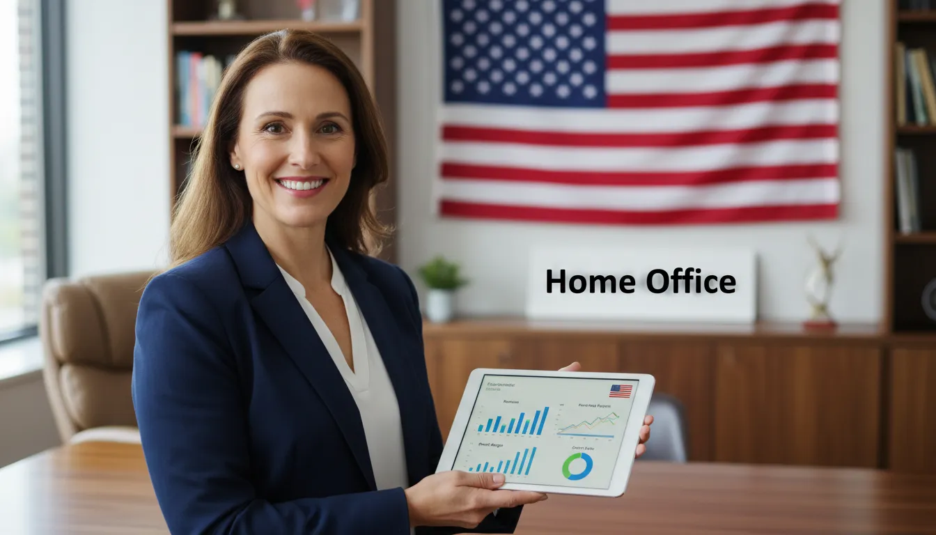 Um empresário americano sorrindo, segurando um tablet com dados financeiros, simbolizando o sucesso ao encontrar vagas home office.