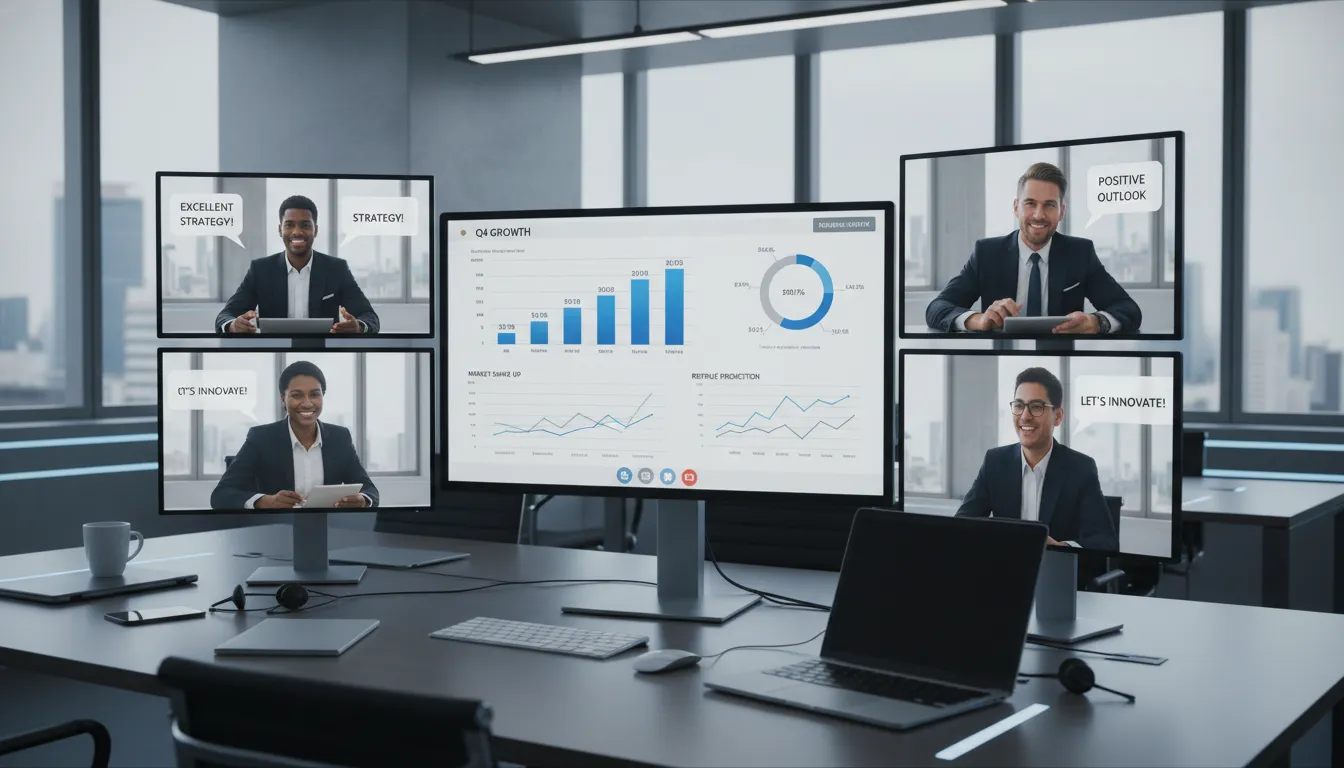 Afiliados financeiros participando de reunião virtual sobre estratégias de indicação e análise de resultados.