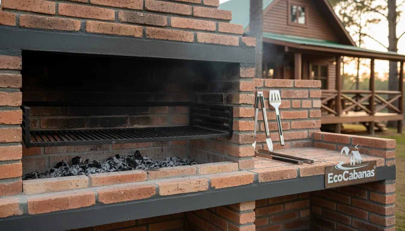 Detalhe da churrasqueira de tijolo com a sua construção artesanal, grelhas de metal e ferramentas organizadas.