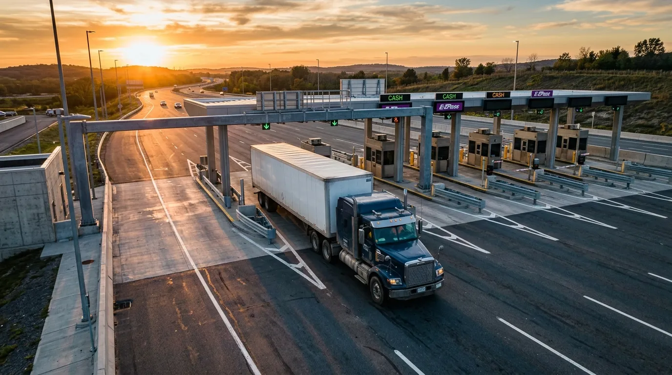 Pedágios na rodovia integrados ao cálculo de lucro por viagem de caminhão de forma estratégica.
