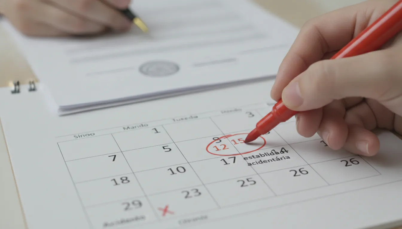 Calendário marcando prazo de estabilidade acidentária, simbolizando a duração do direito trabalhista.