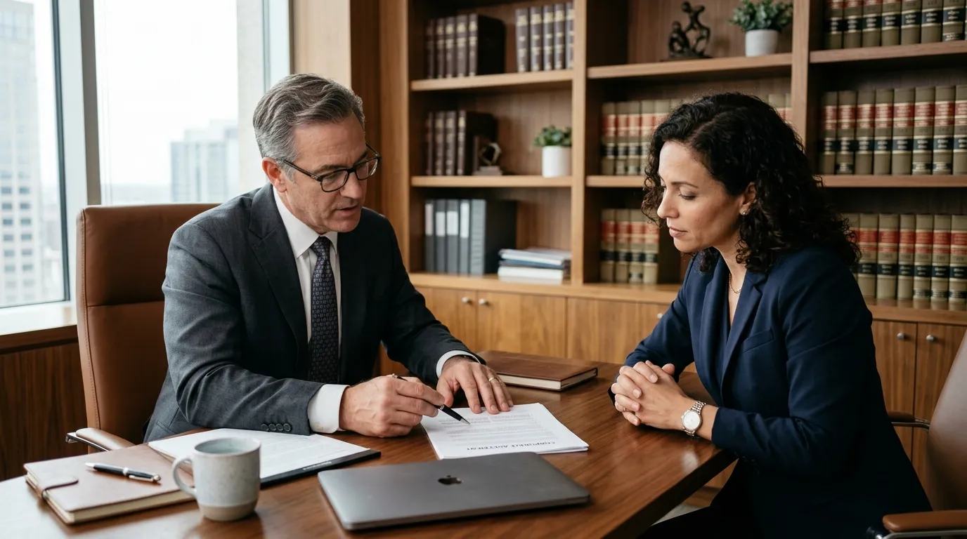 Advogado orientando empresário sobre cláusulas de mediação empresarial e prevenção de litígios jurídicos.