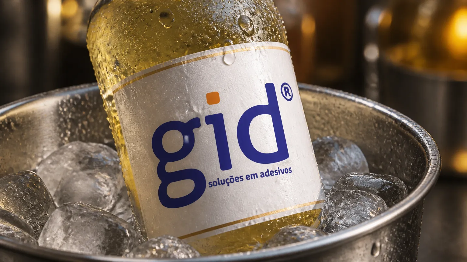 Rótulo para cachaça artesanal resistente a umidade e gelo em balde com água e condensação.