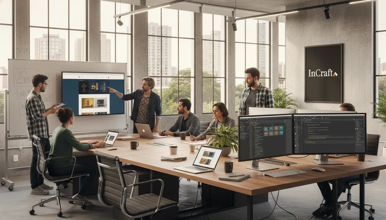 Equipe especializada em criação de site SP trabalhando em conjunto, unindo design e desenvolvimento web para marcas de luxo.