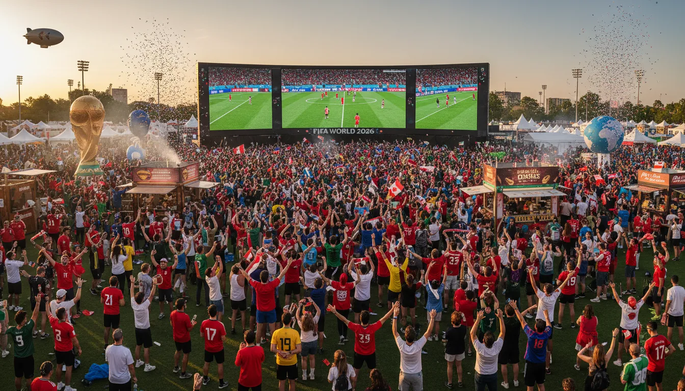 Fã-zone vibrante capturando os melhores momentos copa 2026 hoje, com torcedores de diversas nacionalidades celebrando juntos.