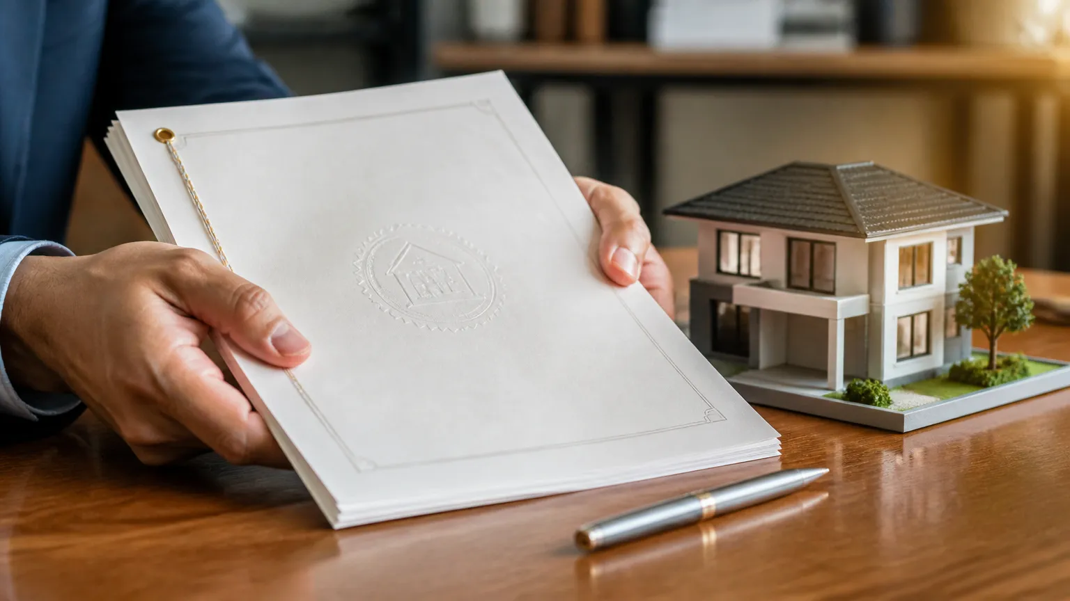 Documentos e modelo de casa durante análise da matrícula para crédito.