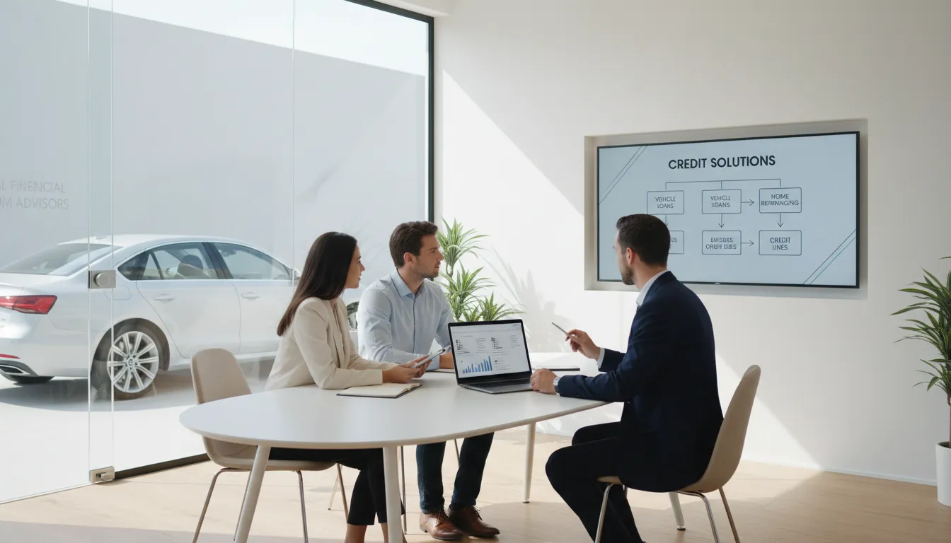 Consultor financeiro orientando clientes empresariais sobre capital de giro com garantia de veículo.