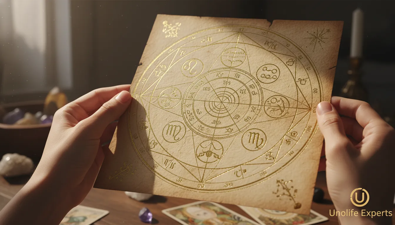 Mãos segurando um mapa astral detalhado, com ênfase nos signos e planetas, representando a análise profunda para previsões e tomadas de decisão com o apoio da Unolife.