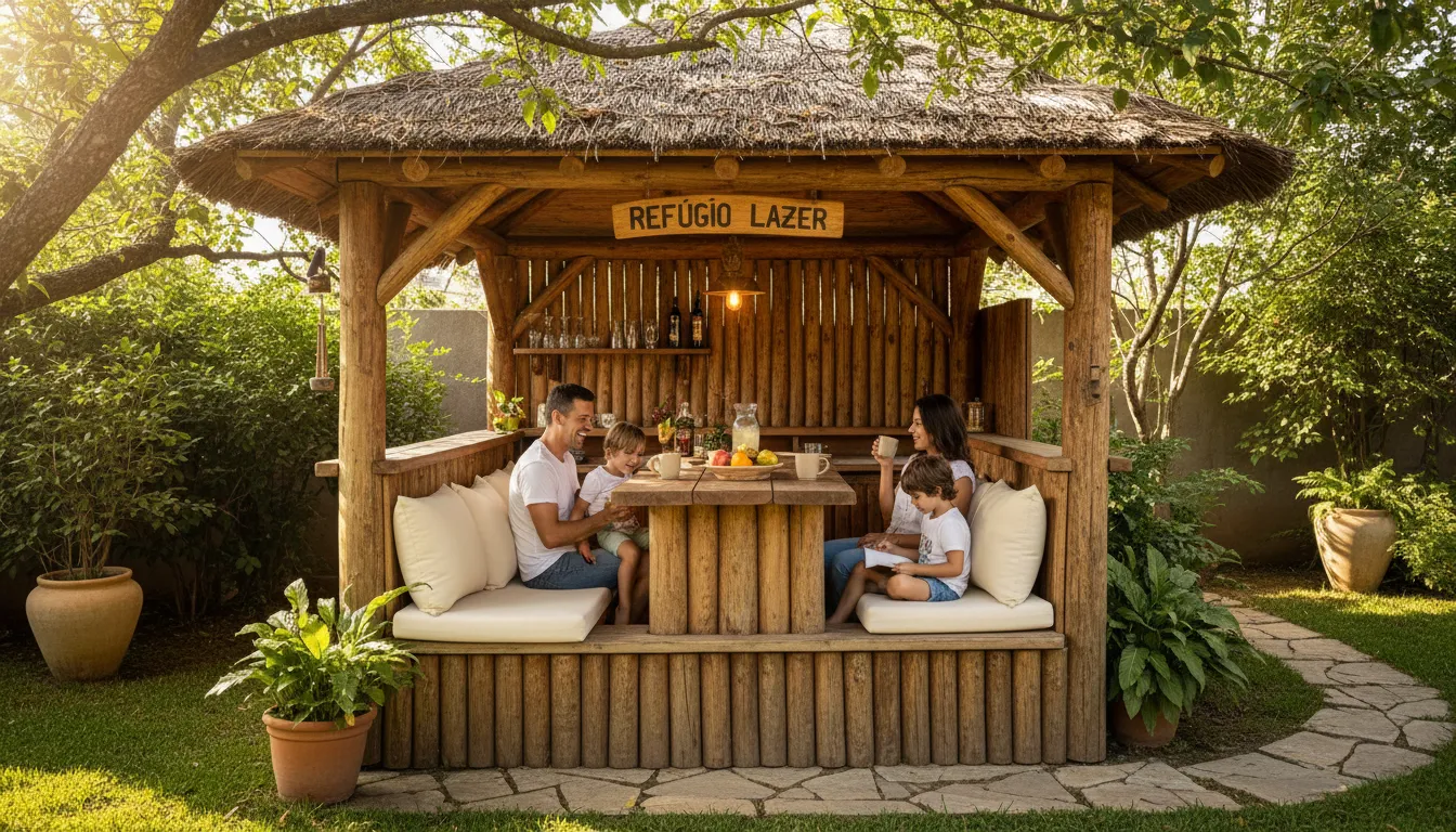 Família aproveitando um dia de lazer em um quiosque rústico no quintal de casa. Um espaço convidativo com balcão de madeira e área de bar.